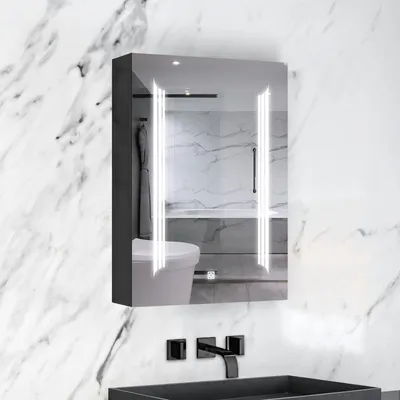Produktbild von AICA LED Spiegelschrank mit Steckdose und Touchschalter, 60x70cm | 3 Lichtfarben + dimmbar | Anti-Beschlag | Hochglanz Schwarz