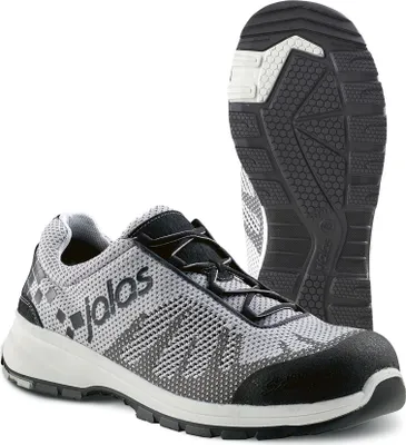 A pair of safety shoes, with one shoe shown from the side and the sole of the other shoe shown from the bottom.