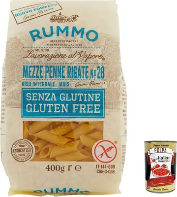 Produktbild von 10x Rummo Pasta Mezze Penne rigate n. 28 senza Glutine, gluten free, 100% italienische Pasta nudeln glutenfrei 400g + Italian Gourmet polpa 400g