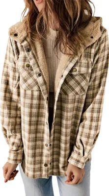 Produktbild von ASKSA Damen Jacke Karierte Winterjacke Oversize Langarm Winter Warme Gefuettert mit Kapuze Knoepfen Casual Maentel Jacken (Khaki,M)