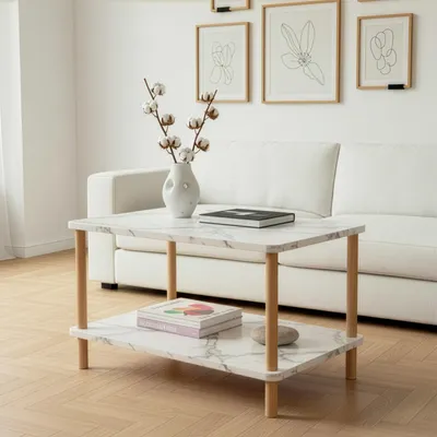 Produktbild von Beistelltisch Rechteck mit 2 Ablagen 70x44 cm Sofatisch Couchtisch Nachttisch Wohnzimmer Schlafzimmer Holzbeine Skandinavisc (Rechteckig-Creme-Marmor)