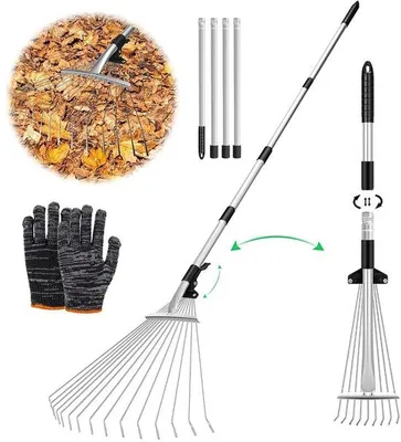 Image de Râteau à feuilles en métal réglable Unyqoos® avec manche télescopique (45–215 cm) et gants de jardinage
