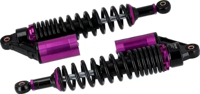 Produktbild von Set: Performance-Federbeine Schwarz/Violett mit ABE, mit externen Ausgleichsbehälter, 360mm - für Simson S50, S51, S70