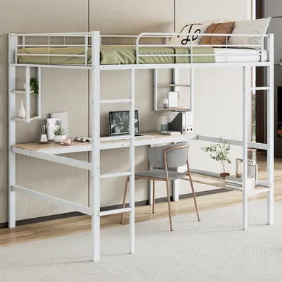 A loft bed with a desk and shelves underneath, set up in a room with a neutral background.