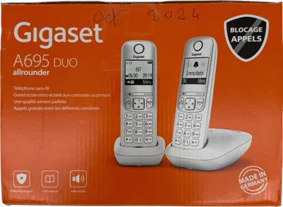 Produktbild von Gigaset A695 Duo – Schnurloses DECT-Telefon – großes Display mit hohem Kontrast – hervorragende Audioqualität – verstellbare Soundprofile – Freisprechfunktion – Schutz vor unerwünschten Anrufen, Weiß