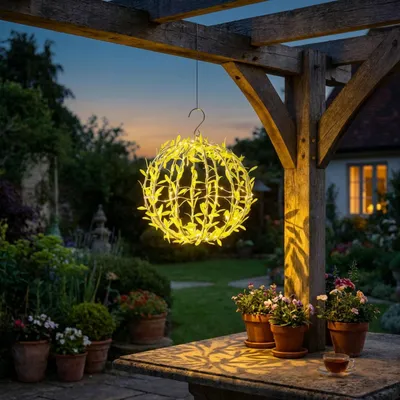 Produktbild von Solar Leuchtkugel im Blätterdesign - Ø20cm Gartenkugel mit 72 warmweissen LEDs - IP44 Aussenleuchte inkl. Erdspiess, S-Haken und Solarpanel