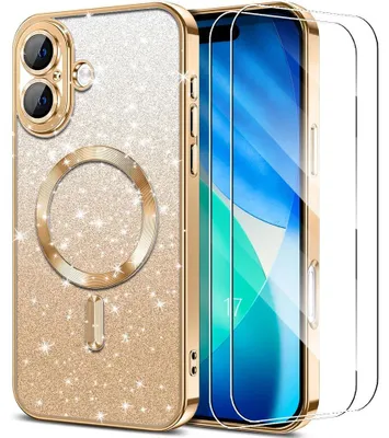 Image de Coque + 2 Verres Trempés pour iPhone 17, Protection à Paillettes avec Cercle Magnétique - Doré