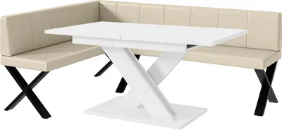 Produktbild von MEBLINI Eckbank für Esszimmer mit ausziehbarem Tisch  - Küchenbank - Essecke - Sitzecke Küche - PETER - X-Beine 142x196x87cm Links - Creme Kunstleder/B Weiß Matt
