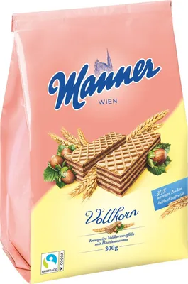 Produktbild von Manner zuckerreduzierte Vollkornwaffeln mit Haselnusscremefüllung 300g