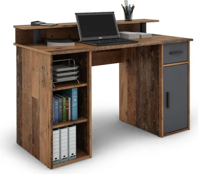 Produktbild von byliving Schreibtisch Diego, Old Wood-Optik anthrazit, Breite 120 cm, Höhe 88 cm, Tiefe 55 cm, mit Schublade, Schrank mit Tür, 3 offenen Fächern und aufgesetzter Ablagefläche, modernes, edles, zweifarbiges Design, aus Holzwerkstoff mit langlebiger Melaminbeschichtung, ideal für Home Office