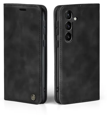 A black flip case for a smartphone is shown from two angles.