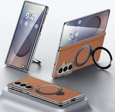 Three views of a brown leather phone case with a ring holder for a Samsung Galaxy Z Fold7 5G phone, displayed on a light gray surface.