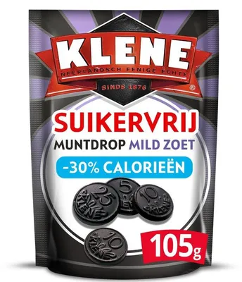 Obrázok produktu pre Klene Muntdrop Zoet Suikervrij 100 g – Sladké sladké drievko bez cukru s príchuťou mäty