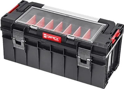 A black tool box with a clear lid and red dividers, sitting on a white background.