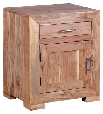 Produktbild von Nachtkästchen aus Akazien Massivholz mit Stauraum – Nachttisch mit Schublade und Tür, handgefertigt, für Schlafzimmer, 50x40x60cm
