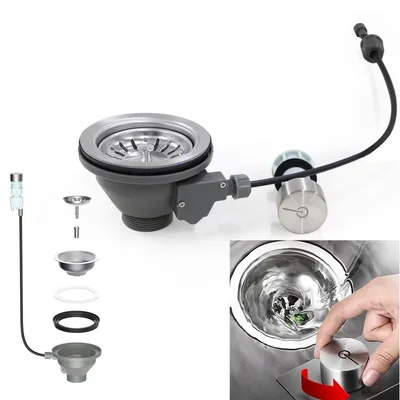 Immagine prodotto di Kit di scarico con pulsante di controllo - Tappo per scarico del lavello - Acciaio inossidabile 304 - Set per scarico del lavello - Mani asciutte e pulite - Regolazione del flusso d'acqua - Scarico per lavello