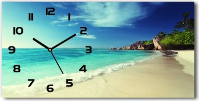 Produktbild von Wanduhr aus Glas – 60x30 cm - Glasbild - Glasuhr - Gehärtetes Glas - schwarze-zeiger - Seychellen-Strand