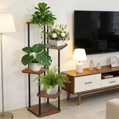 Produktbild von Blumenständer Hoch aus Metall und Holz,Pflanzenständer mit 5 Ebenen,Pflanzenregal für Innenbereich,Blumentreppe Blumenregal für Wohnzimmer/Balkon
