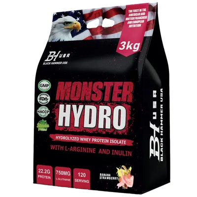 Produktbild von Monster Hydro 3000 g Banane-Erdbeere – Hydrolysiertes Whey Isolat mit 22,2 g Protein, L-Arginin, Inulin & Taurine – 120 Portionen – Black Hammer USA