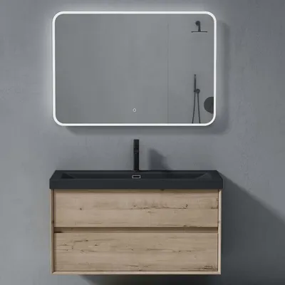 Produktbild von doporro Badmöbelset Waschbecken-Unterschrank mit Soft-close in Eiche Greige Wandhängender Badezimmerunterschrank 100cm inkl. matt Anthrazit Mineralguss-Waschbecken und LED-Spiegel Rimo