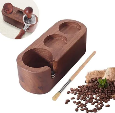 Zdjęcie produktu dla Stacja do ubijania espresso z drewna orzechowego z szczotką do kawy – z regulacją wysokości – akcesoria dla baristów