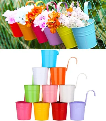 Produktbild von 6 Stück Zaun hängende Blumentöpfe mit Drainageloch, 10 cm x 15cm großer Metall-Hängetopf mit abnehmbarem Haken, Blumentopf im Freien für Zaun Deck Balkon Garten Lehm