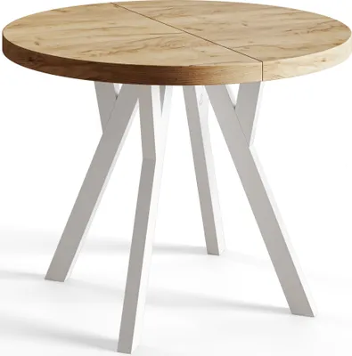 A round dining table with a wooden top and white legs, shown from a slightly elevated angle against a white background.