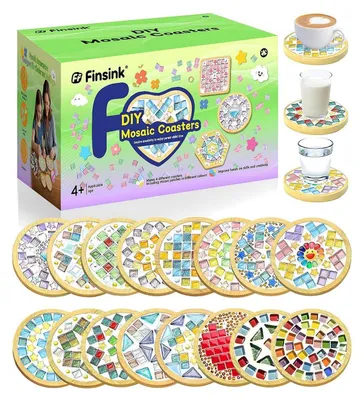 Immagine prodotto di Kit per mosaico, ideale per bambini, 4 set di sottobicchieri, fai da te, vetro e legno, adatto a bambini dai 5 anni in su