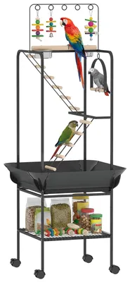 Produktbild von Vogelspielplatz mit R?dern, Leiter, Schaukel, Samenschutz, Futterschale, Futterspendern und Sitzstangen, 63 x 63 x 163 cm