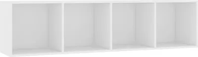 A white, four-compartment shelf unit against a white background.