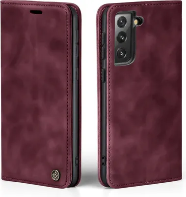 A burgundy flip cover phone case for a Samsung Galaxy S22+ is shown from two angles.