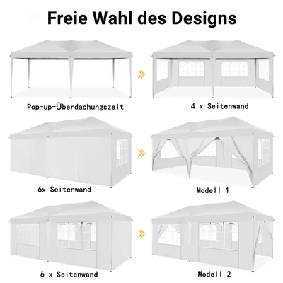 Image de Pavillon pliable 3X6m imperméable stable, tente de réception pliable avec 6 parties latérales, Upgrade toit surélevé et sac de transport, pavillon de jardin, UV 50+, blanc