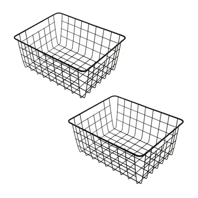 Two black wire baskets on a white background.