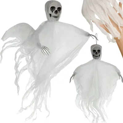 Immagine prodotto di Scheletro fantasma appeso 70 cm decorazione luminosa di Halloween con anello di sospensione, teschio realistico e tessuto strappato all'interno e all'esterno bianco 26124