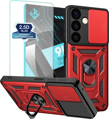 Produktbild von Armor Handyhülle für Samsung Galaxy S24 mit 9H Displayglas Displayschutz Kameraschutz Handy Panzer Case Cover Schutzhülle Outdoor Farbe: Rot