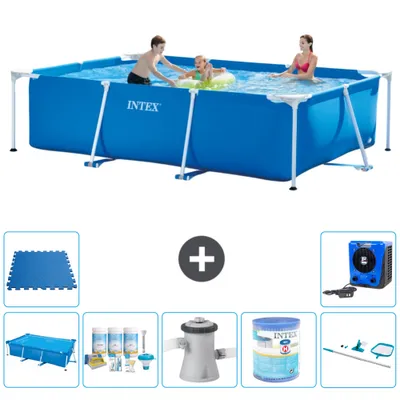 Produktbild von Intex-Schwimmbecken mit rechteckigem Rahmen – 300 x 200 x 75 cm – Blau – im Lieferumfang enthalten Sonnensegel - Wartungspaket - Filterpumpe für Schwimmbad - Filter - Reinigungskit - Bodenfliesen