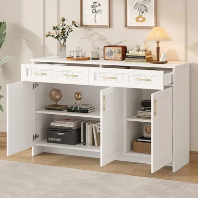 Obrázok produktu pre Komoda, 140x40x90 cm, 2 zásuvky, 3 dvierka, MDF, nastaviteľné police (biela)