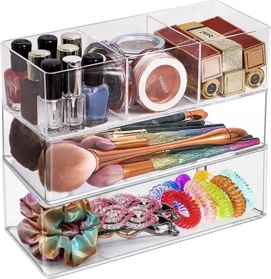 Immagine prodotto di Set trasparente di 3 pezzi per organizzare il trucco, con scomparti rimovibili per cosmetici e accessori