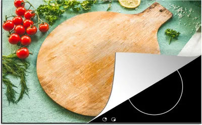 Produktbild von KitchenYeah© Herdabdeckplatte Ein rundes Schneidebrett mit allerlei Gemüse drum herum , 77x51cm, Küche Deko, Glaskeramikkochfeld Herdabdeckung, Abdeckplatte fùr Kochfeld