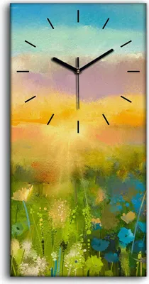 Produktbild von Küchenuhr Bürouhr Leinwand Uhr 30x60 Gemälde Wiese Blumen Himmel Sonnenuntergang - schwarze Hände