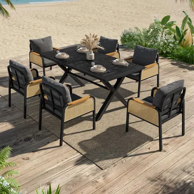 Produktbild von Gartenmöbel-Set 7-teilig Essgruppe für 6 Personen Eisengestell WPC-Tischplatte Sitzgruppe Lounge-Set Outdoor-Tisch & Stühle Schwarz Natur