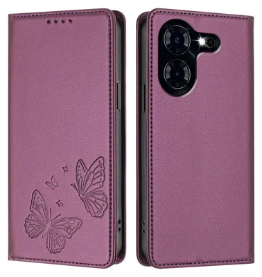 Produktbild von Lederhülle für Tecno Pova 5, Schmetterling Prägung Leder Brieftasche Schutzhülle mit Ständer Lila