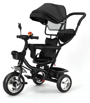 Produktbild von Kinder-Dreirad - 6‑in‑1 Mit Schiebestange - Sicherheitsgurt - Aufbewahrungskorb - Tragkraft >20 kg - Schwarz