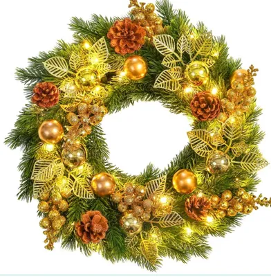 Weihnachtskranz 40 cm mit 40 LED-Lichtern, Timer, künstlich