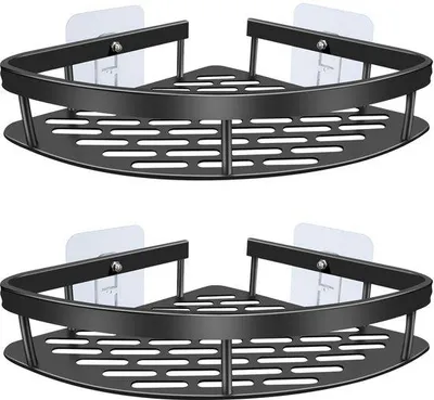 Produktbild von Unyqoos® Eck-Duschregal 2er-Set Schwarz – Edelstahl 304, ohne Bohren mit Nanoklebefolie, verstellbare Ablagen & Haken, platzsparend