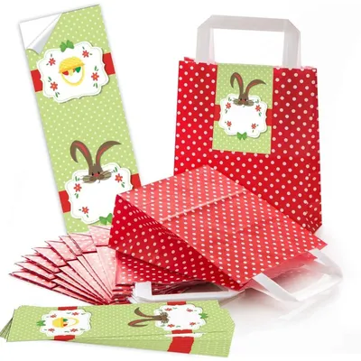 Produktbild von Logbuch-Verlag 5 kleine ROTE Papiertüte Geschenktüte mit Henkel gepunktet 18 x 8 x 22 cm + 5 Osternest Osteretiketten 7,2 x 21 cm Text Frohe Ostern Geschenk Aufkleber braun weiß schwarzOsterhase braun, grün / 25 Stück
