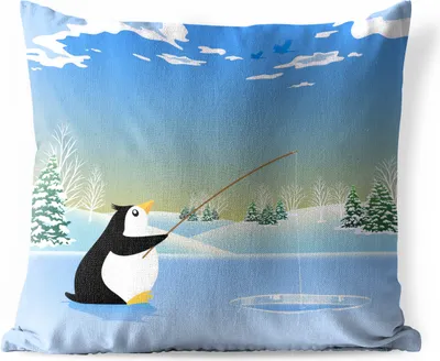 Produktbild von MuchoWow® Outdoor Kissen - Illustration eines fischenden Pinguins - 40x40 cm - Wetterfest - Lounge Kissen - Kopfkissen - Interieur - Polster mit Bild