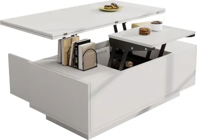 Produktbild von STILVORA Couchtisch mit Doppel-Hebemechanismus,Kaffeetisch mit verstecktem Stauraum,Grifflos Sofatisch mit Regalen,Weiß