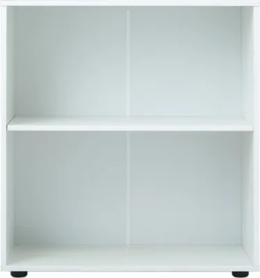 A white, two-shelf bookcase or storage unit with a vertical divider in the middle of each shelf.