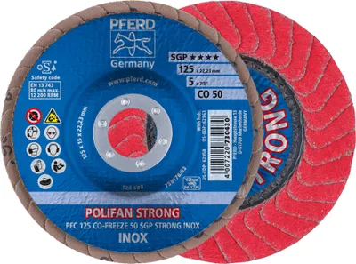Produktbild von PFERD TOOLS POLIFAN STRONG Fächerscheibe PFC 125x22,23 mm konisch CO-FREEZE 50 SGP INOX für Edelstahl